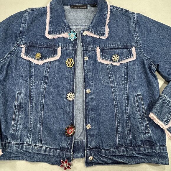 Vintage Life Style Jacket Women L Boho Blue Denim Floral Jewel Button Fringe 90s - Picture 8 of 14